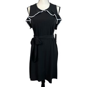 Ivanka Trump Women's Cold Shoulder Ruffle Dress Large  Black Belted Keyhole Back